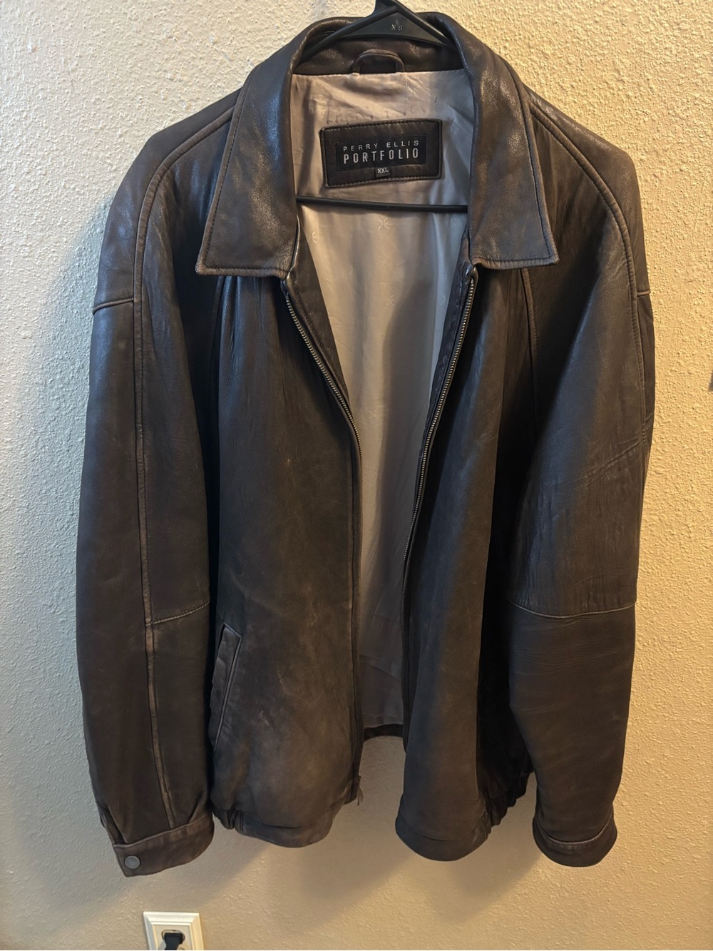 Perry Ellis Brown Leather Bomber Jacket